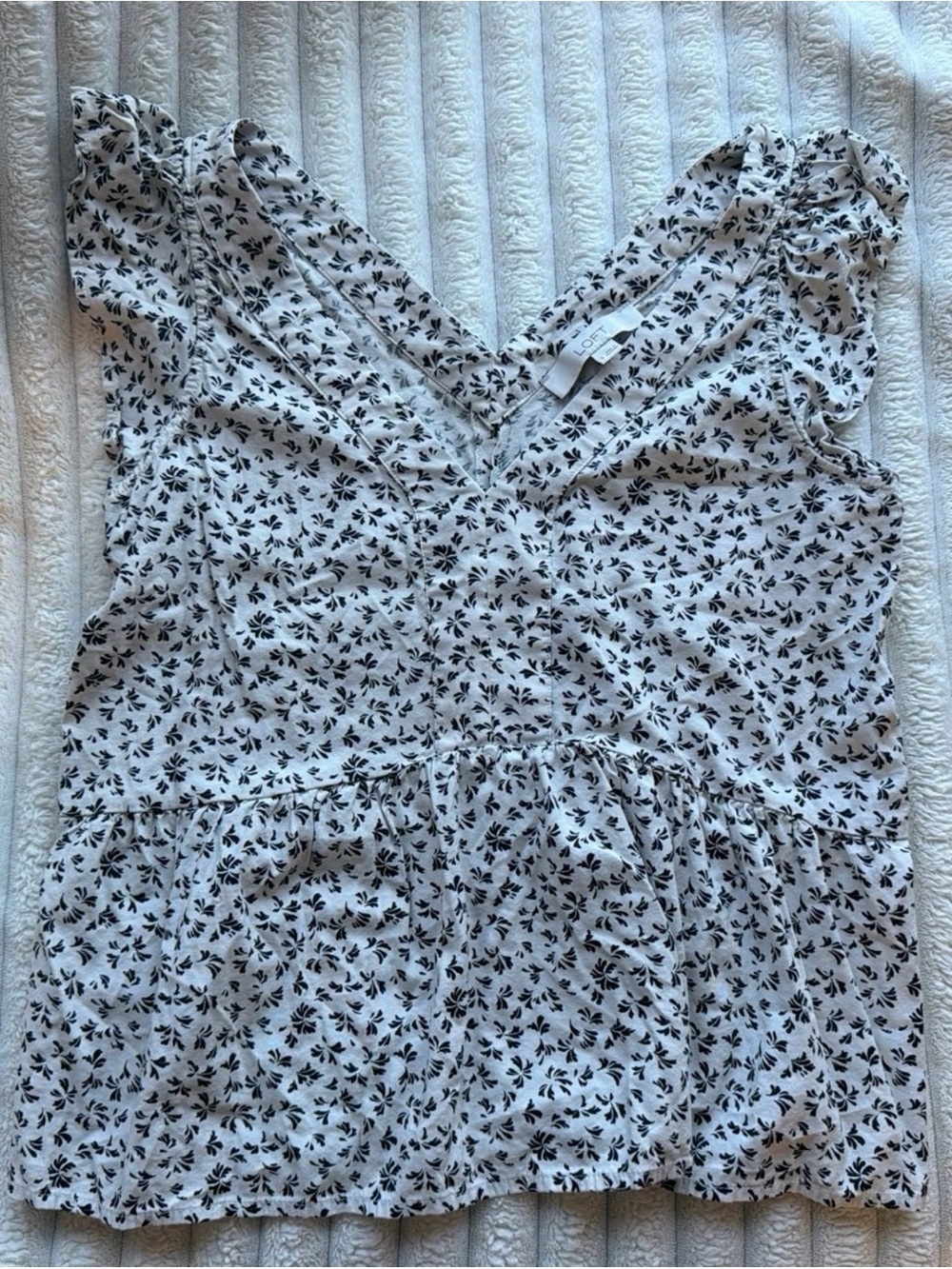 LOFT White Black Floral V-Neck Peplum Blouse